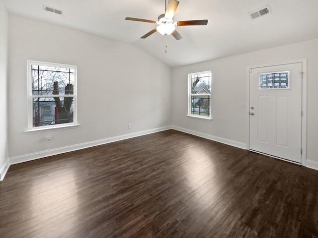 foyer with dark wood-type flooring, ceiling fan, and lofted ceiling