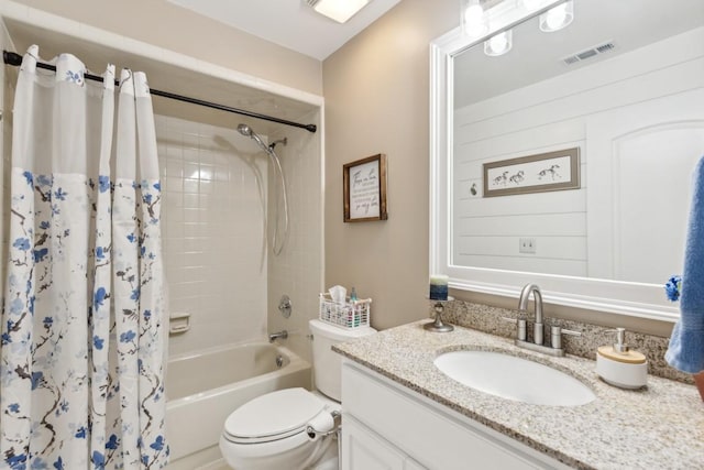 full bathroom with vanity, toilet, and shower / bathtub combination with curtain