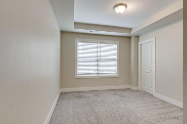 unfurnished room featuring light carpet and a raised ceiling