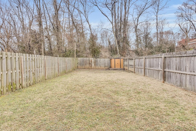 view of yard featuring a storage unit