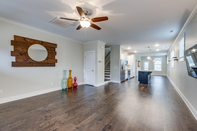 unfurnished living room with ornamental molding, dark wood-type flooring, and ceiling fan