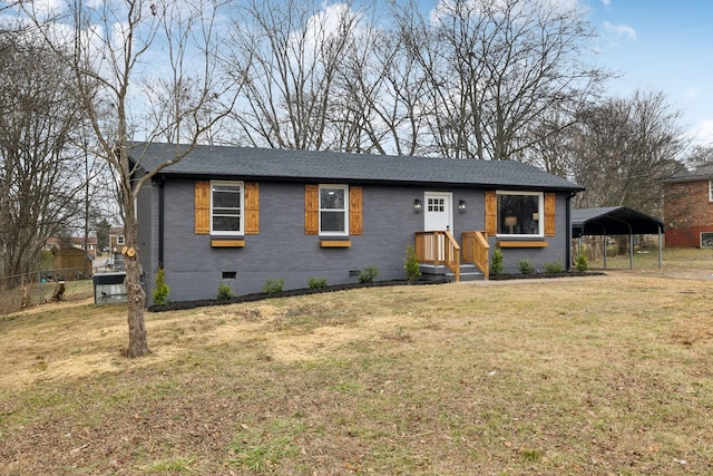 single story home with a front lawn and a carport