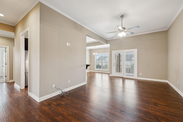 unfurnished living room with crown molding, dark hardwood / wood-style floors, and ceiling fan