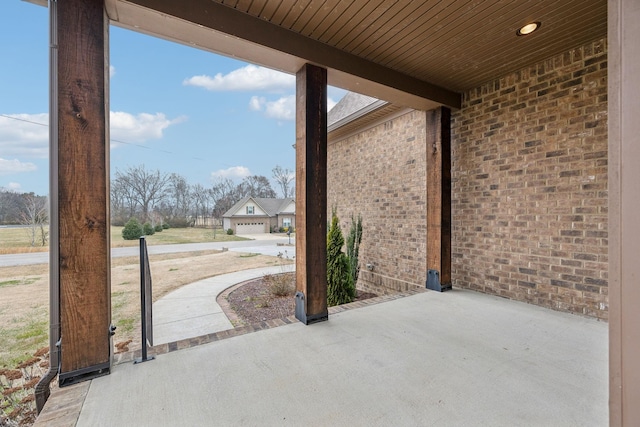 view of patio with a garage