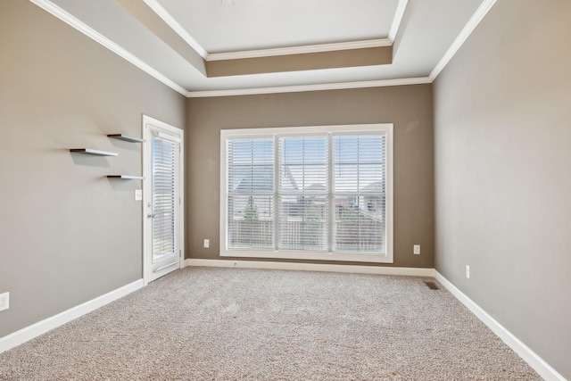 empty room with a raised ceiling, crown molding, and carpet flooring