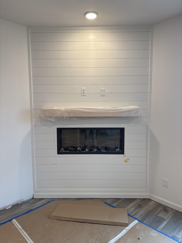 room details featuring wood-type flooring and a fireplace