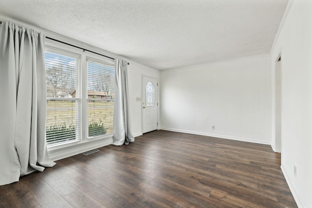 foyer entrance featuring dark wood-type flooring, a wealth of natural light, and a textured ceiling