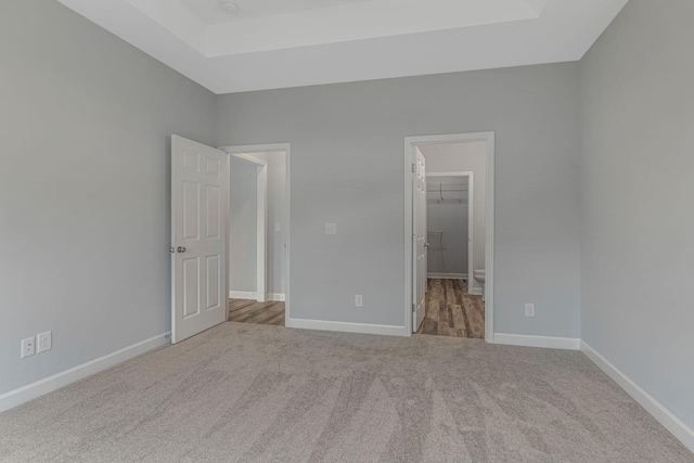 unfurnished bedroom featuring a spacious closet, light colored carpet, and a raised ceiling