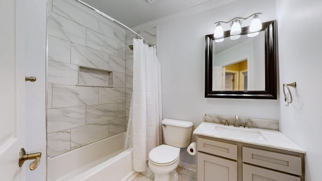 full bathroom with shower / bath combination with curtain, ornamental molding, vanity, and toilet