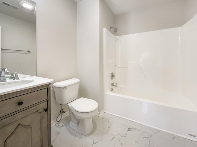 full bathroom with vanity, bathtub / shower combination, and toilet