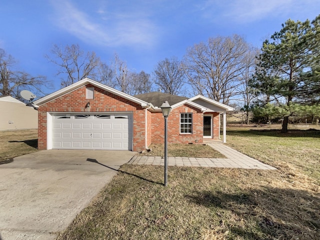 ranch-style home featuring a garage and a front yard