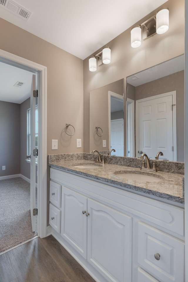 bathroom with vanity and hardwood / wood-style floors