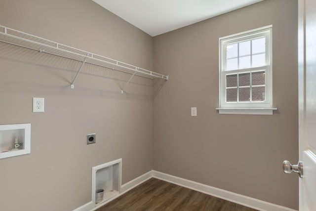 washroom featuring hookup for a washing machine, hookup for an electric dryer, and dark hardwood / wood-style flooring