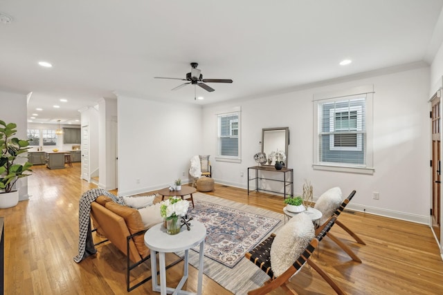 living room featuring hardwood / wood-style floors and ceiling fan