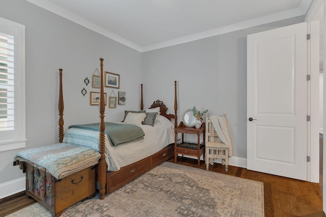 bedroom with crown molding and wood-type flooring