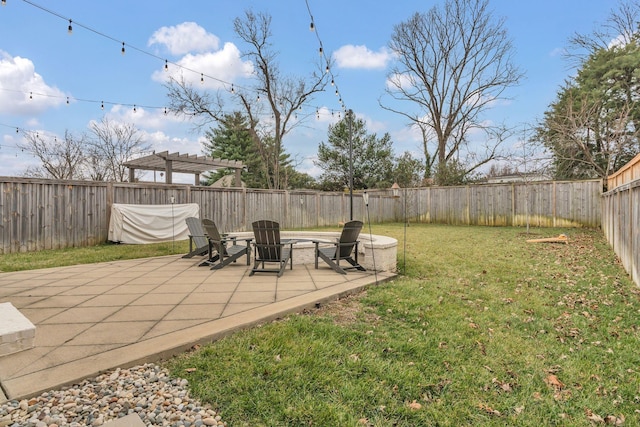 view of yard with an outdoor fire pit, a pergola, and a patio area