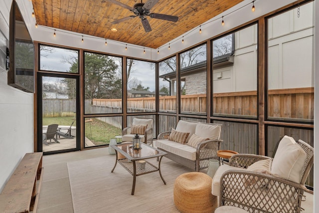 sunroom / solarium with wooden ceiling and ceiling fan