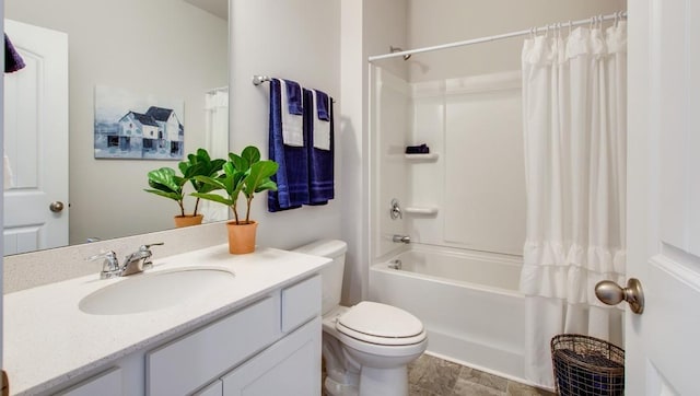 full bathroom with shower / bathtub combination with curtain, vanity, and toilet