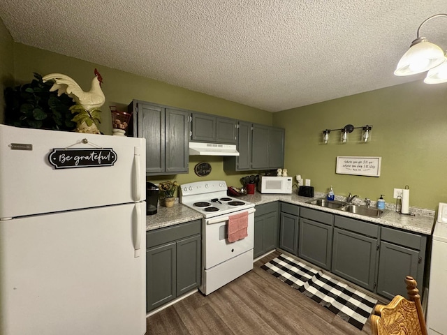 kitchen featuring gray cabinetry, sink, white appliances, and dark hardwood / wood-style floors