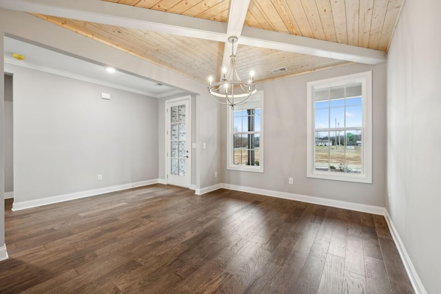 spare room with beamed ceiling, baseboards, wood ceiling, and dark wood finished floors