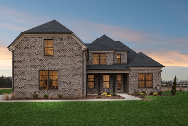 french provincial home with brick siding, a shingled roof, a front yard, and fence