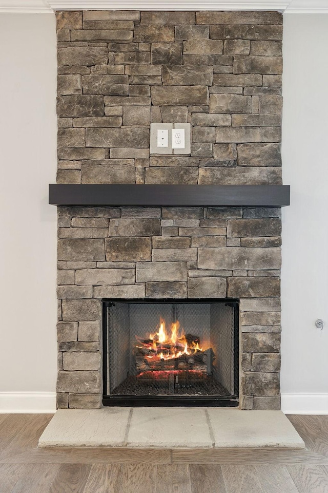 details with hardwood / wood-style floors, crown molding, and a fireplace