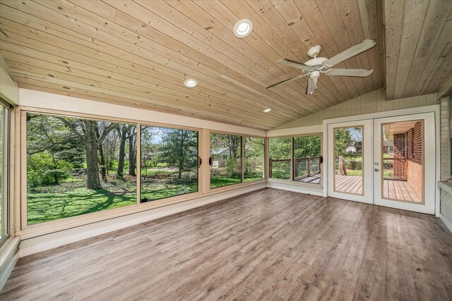 515 E 4th St, Cookeville, TN 38501 - unfurnished sunroom with lofted ceiling, french doors, a ceiling fan, wood ceiling, and wood finished floors