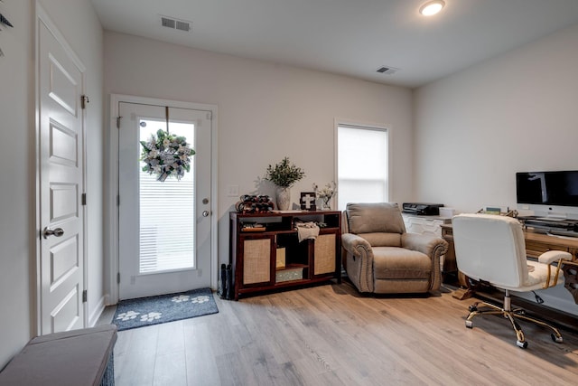 office area featuring light hardwood / wood-style floors and a healthy amount of sunlight