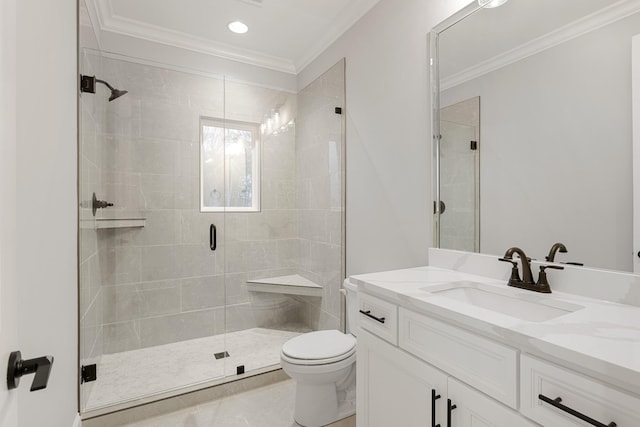 bathroom with ornamental molding, toilet, an enclosed shower, and vanity