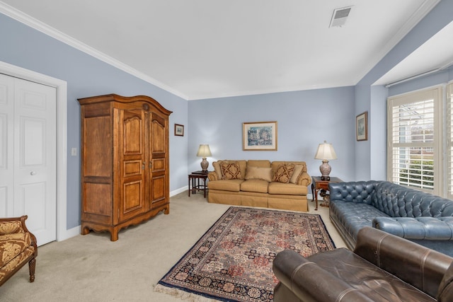 living room with light colored carpet, ornamental molding, visible vents, and baseboards