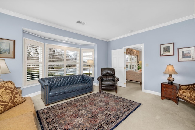 living room with a wealth of natural light, crown molding, visible vents, and light carpet