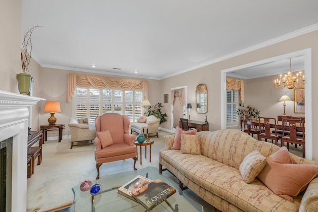 living room with ornamental molding, a fireplace, and carpet