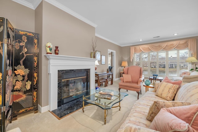 living area featuring a wealth of natural light, crown molding, a premium fireplace, and light colored carpet