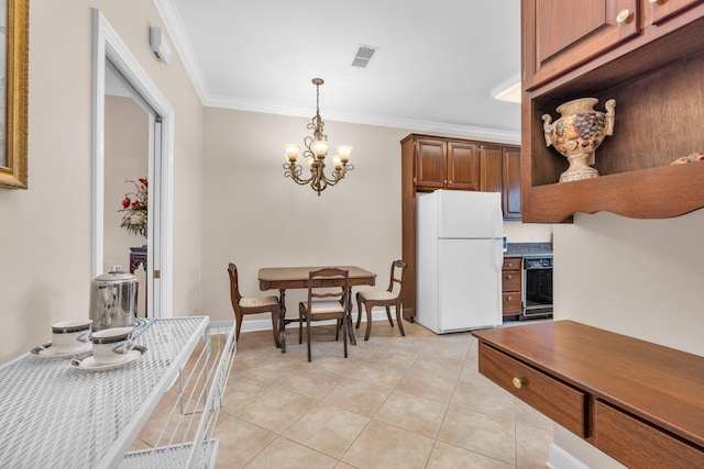 kitchen with freestanding refrigerator, visible vents, crown molding, open shelves, and decorative light fixtures