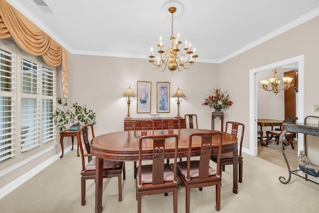 dining area with light colored carpet, a notable chandelier, and ornamental molding