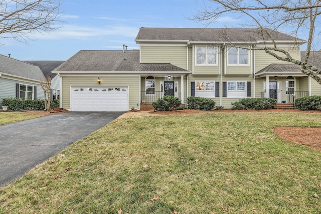 view of front of house featuring roof with shingles, a front lawn, aphalt driveway, and an attached garage