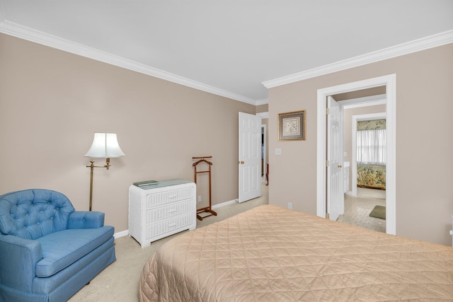 bedroom with baseboards, ornamental molding, and carpet