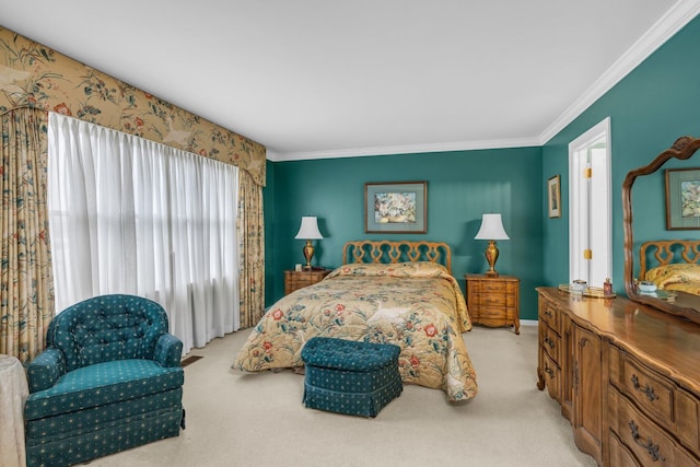 bedroom featuring light colored carpet and ornamental molding