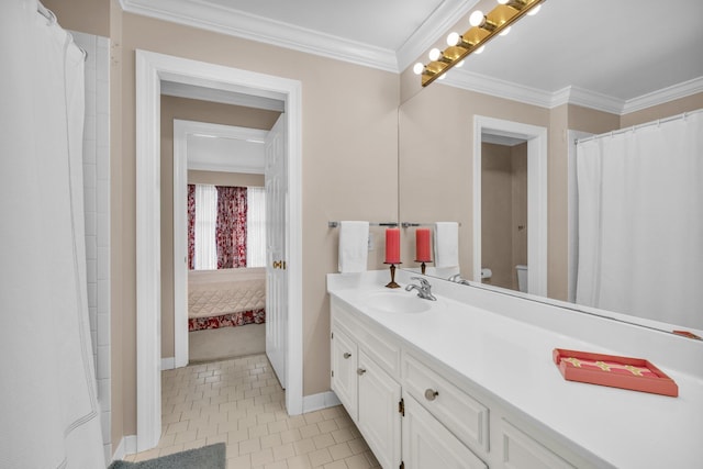 bathroom with ornamental molding, toilet, ensuite bath, vanity, and tile patterned floors