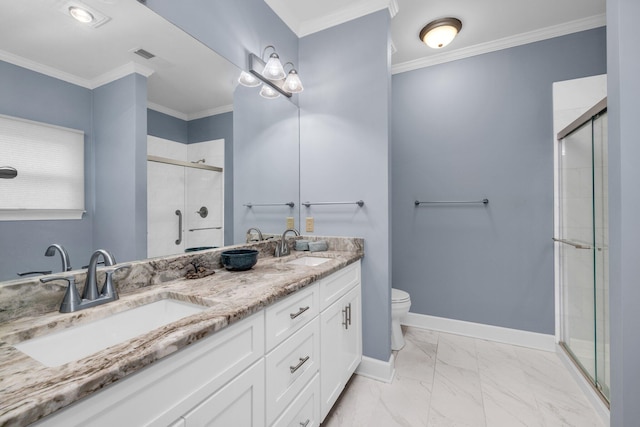 full bathroom featuring a sink, marble finish floor, baseboards, and ornamental molding