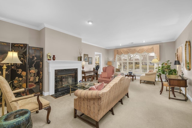 living room featuring a premium fireplace, light colored carpet, crown molding, and baseboards