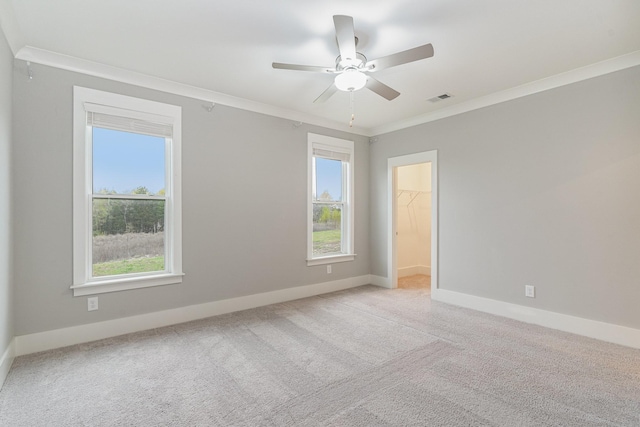 carpeted spare room with crown molding and ceiling fan