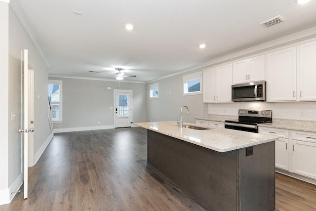 kitchen featuring sink, a center island with sink, white cabinets, and appliances with stainless steel finishes