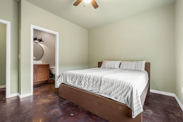 bedroom with connected bathroom and ceiling fan