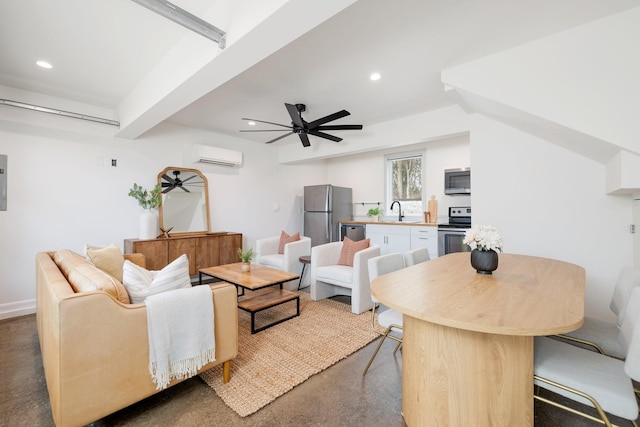 living room featuring beam ceiling, sink, a wall mounted air conditioner, and ceiling fan