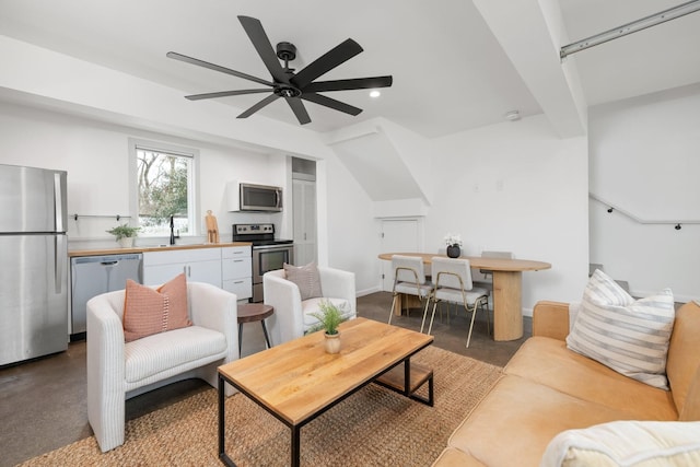 living room featuring sink and ceiling fan