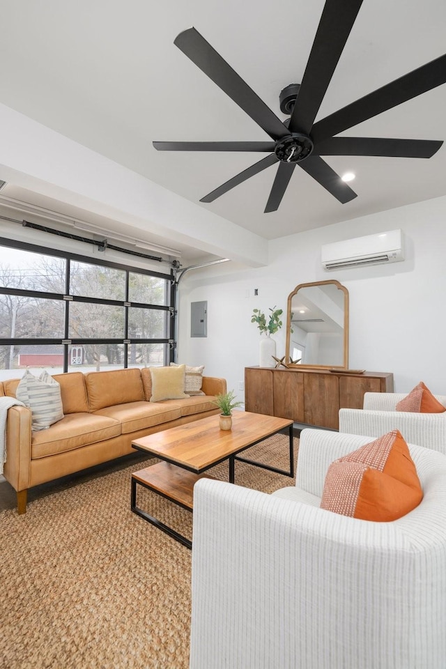 carpeted living room with ceiling fan, electric panel, and a wall unit AC