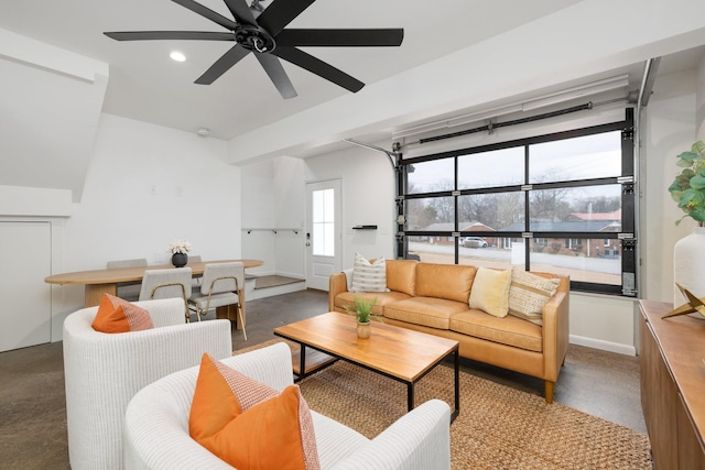 living room featuring ceiling fan