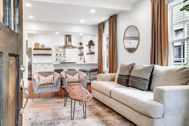 living room with hardwood / wood-style flooring, plenty of natural light, and sink