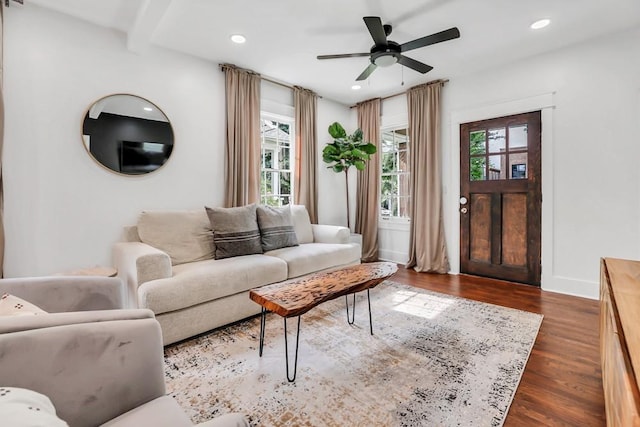 living room featuring ceiling fan, dark hardwood / wood-style floors, and a healthy amount of sunlight